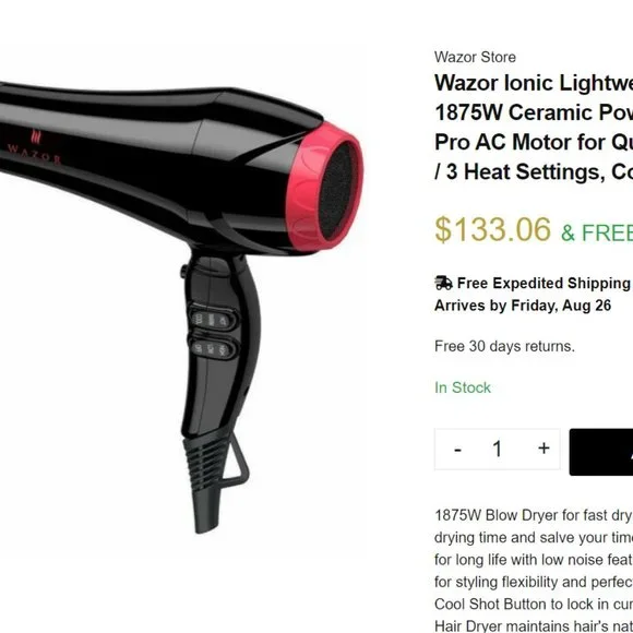 WAZOR Hair Dryer 1875W Ceramic Ionic Lightweight Powerful AC Low noise - Picture 8 of 8